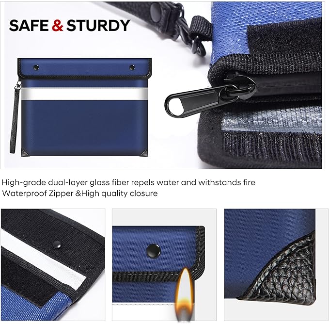 5200°F Heat Insulated Fireproof Document Bag with Zipper,13.9”x10.6” Water Fire Proof Pouch with Reflective Strip,8 Layers of Protective Materials Fireproof Money Bag for Cash,Jewelry(Blue)
