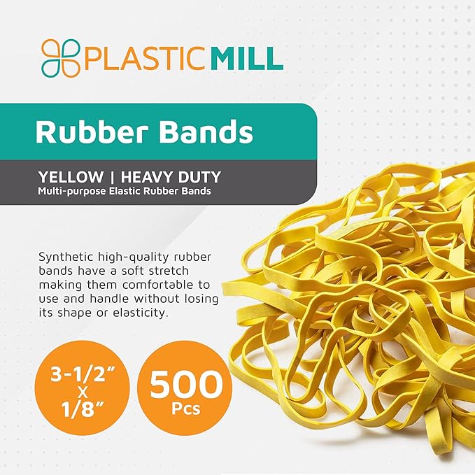 PlasticMill Yellow Rubber Bands Size 33 (3 1/2" x 1/8") - #33 Colored Rubber Bands Office Supplies - Strong, Elastic Bands for Crafts, Balloon Garland, Cash, File Folders (500-Pack)