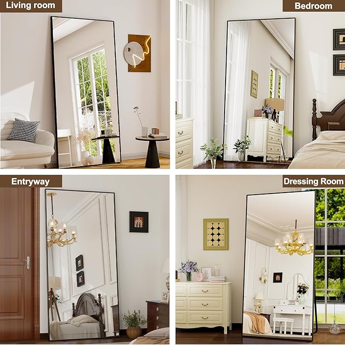GLSLAND 76"x34" Full Length Mirror Extra Large Hanging or Leaning Rectangle Mirror Aluminum Alloy Thin Frame Bedroom Floor Dressing,Black