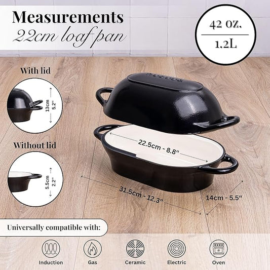 nuovva Dutch Oven For Sourdough Bread Baking – Enamelled Cast Iron Bread Loaf Pot – Oven Safe Non Stick Bread Pot – Rectangular, Black, 24cm x 16cm