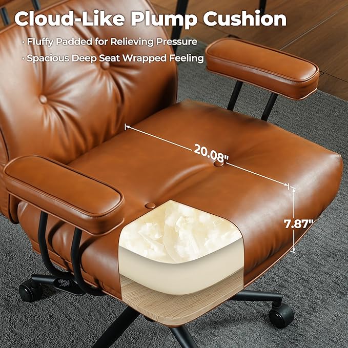 ovios Ergonomic Home Office Chair, Mid-Century Modern Faux Leather Chairs with Thickened Cushions, Comfy High Back Swivel Rolling Executive Computer Armchair (Brown, PU Leather)
