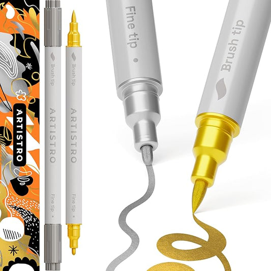 ARTISTRO 2 Silver&Gold Dual-Tip Acrylic Paint Pens - Multisurface Markers for Fabric, Plastic, & More, 1 mm Fine & Brush Tips