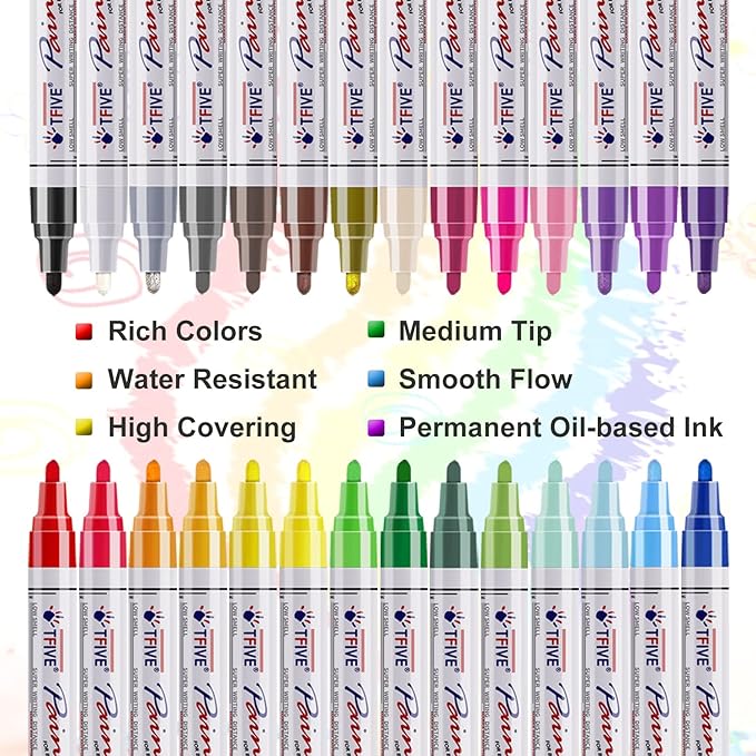 TFIVE Paint Markers Pens Set, 28 Color Oil-Based Permanent Paint Marker, Medium Tip, Quick Dry and Waterproof Pen for Rock Painting, Ceramic, Wood, Fabric, Plastic, Canvas, Glass, Mugs