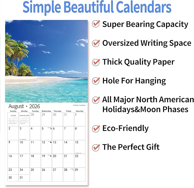 2026 Wall Calendar,Calendar 2026, July 2025 - December 2026, Wall Calendar Beaches Island, 12" x 24" Opened,Full Page Months Thick & Sturdy Paper for Calendar Organizing & Planning