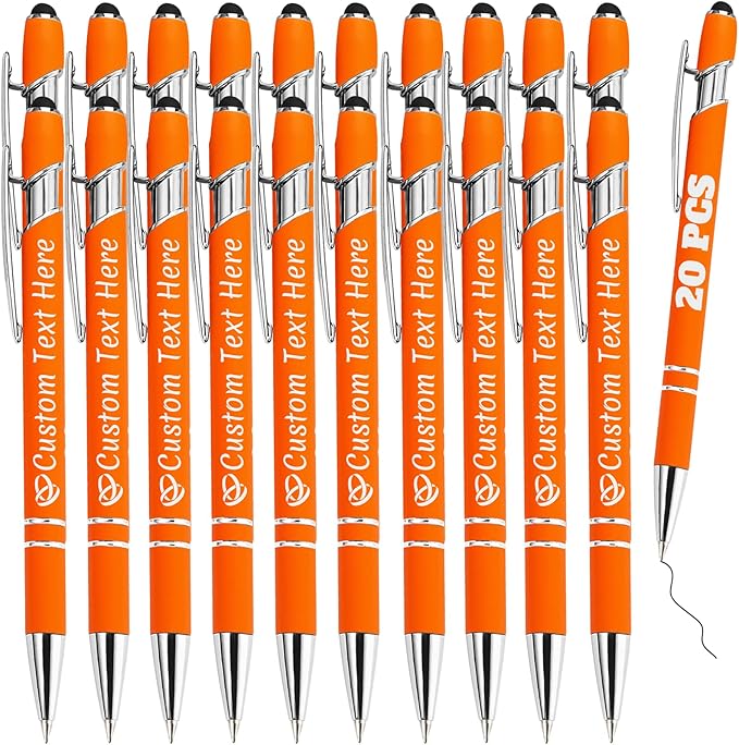 Personalized Pens Bulk 20 with Name Custom Engraving Ballpoint Pens with Stylus Tip Customized Smooth Writing Pens Personalized Gifts for Anniversary Birthday or Graduation(Orange,Black Ink)