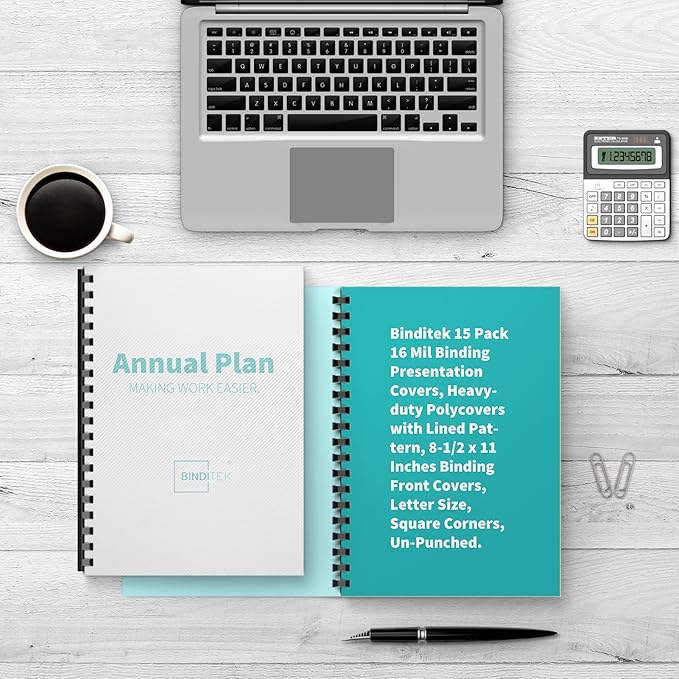 Binditek 15 Pack 16 Mil Heavyweight Binding Presentation Covers, Polycovers with Lined Pattern, 8-1/2 x 11",Letter Size, Square Corners, Un-Punched, Office Supplies