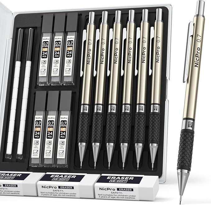 Nicpro 0.7 mm Art Mechanical Pencils Set, 6 PCS Metal Drafting Pencil 0.7mm Tube HB Lead Refills & 18 Cap Eraser for Adults, Children, Artist Writing, Drawing, Sketching, Black, 1 Count (Pack of 6)