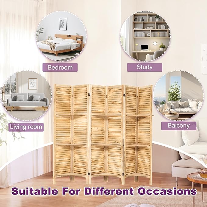 Room Divider with Shelves, 5.6FT Folding Room Divider Panel, 6 Panel Wood Partition Wall Divider for Room Separation, Natural Wood