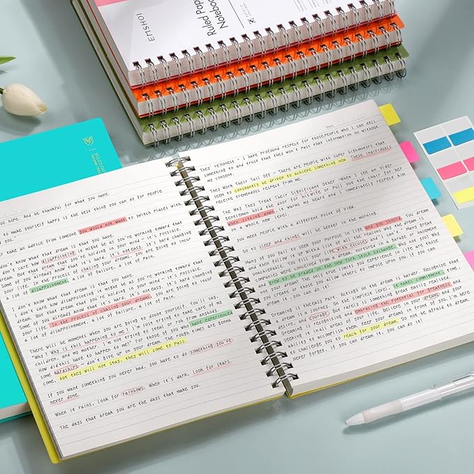 EMSHOI A4 Spiral Notebook College Ruled Lined Journal, 11.2" x 8.27", 300 Pages, 100gsm Thick Paper, Waterproof Softcover, Twin-Wire Binding, Sticky Notes, Pink