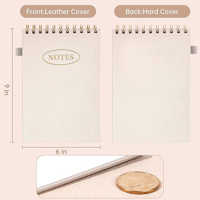 Yoment Top Spiral Notebook 240 Pages Leather Steno Pads 6x9 Top Bound Spiral Notepad 100 GSM College Ruled Notebook Left Handed Notebooks for Work School Office, Beige
