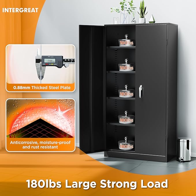 INTERGREAT Garage Storage Cabinets with Lock,72" H Metal Storage Cabinet with Doors and Adjustable Shelves, Steel Tool Cabinet for Garage, Office, Warehouse, School, Black