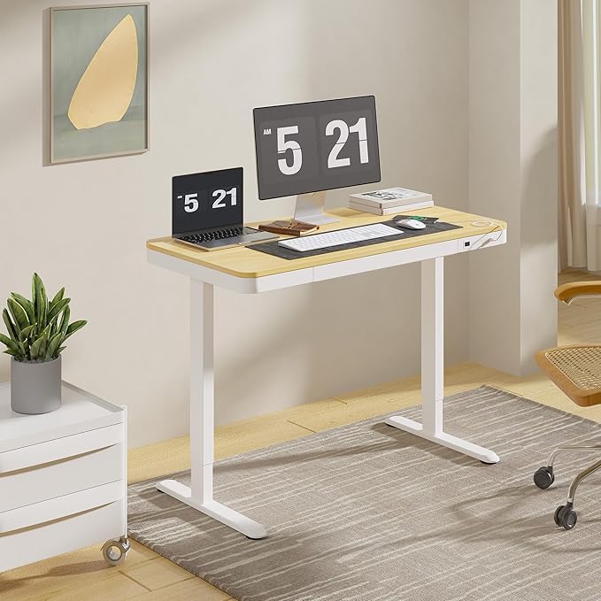 FLEXISPOT Comhar Electric Standing Desk with Drawers Charging USB Port, Height Adjustable 48" Whole-Piece Quick Install Home Office Computer Laptop Table with Storage (Maple Top + White Frame)