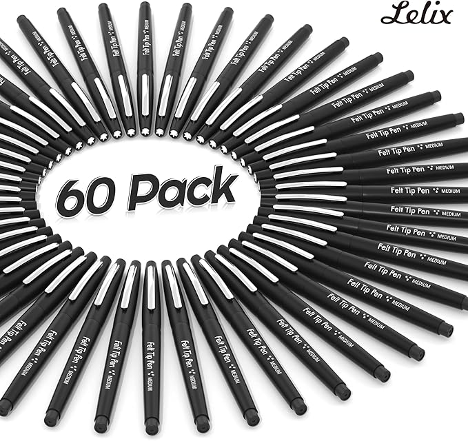 Lelix Felt Tip Pens, 60 Black Pack, 0.7mm Medium Point, Felt Tip Markers Pens for Journaling, Writing, Note Taking, Planner, Perfect for School Office and Art Supplies
