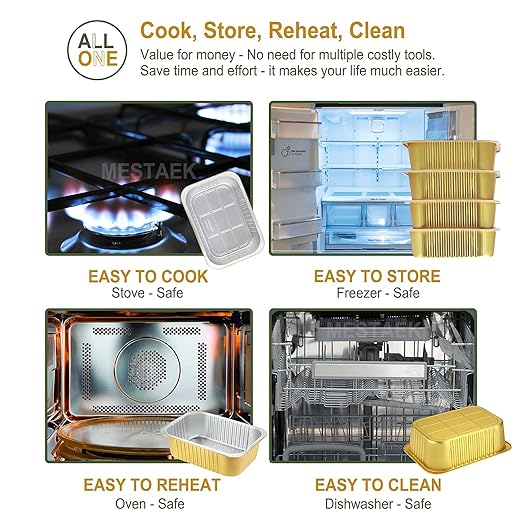 11"x8" Sturdy Foil Pans + Snap-On Lids (5 Pack) | 2X Thicker Heavy Duty Reusable 112oz | Grill Oven Microwavable Pot | 3.3" Deep Disposable Aluminum Tin for Baking, Cooking