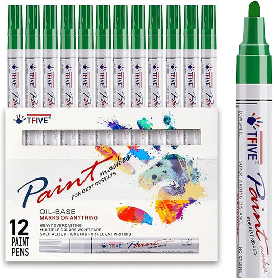TFIVE Green Paint Pens Markers - 12 Pack Oil Based Permanent Marker, Medium Tip, Never Fade, Quick Dry, Waterproof Paint Pen for Rocks Painting, Wood, Fabric, Plastic, Canvas, Glass, Metal