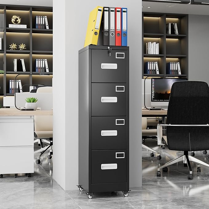 Aobabo File Cabinet 4 Drawer with Wheels, Lockable Office Metal Filing Cabinet with Name Card for Office and Home,Assembly Required,Black