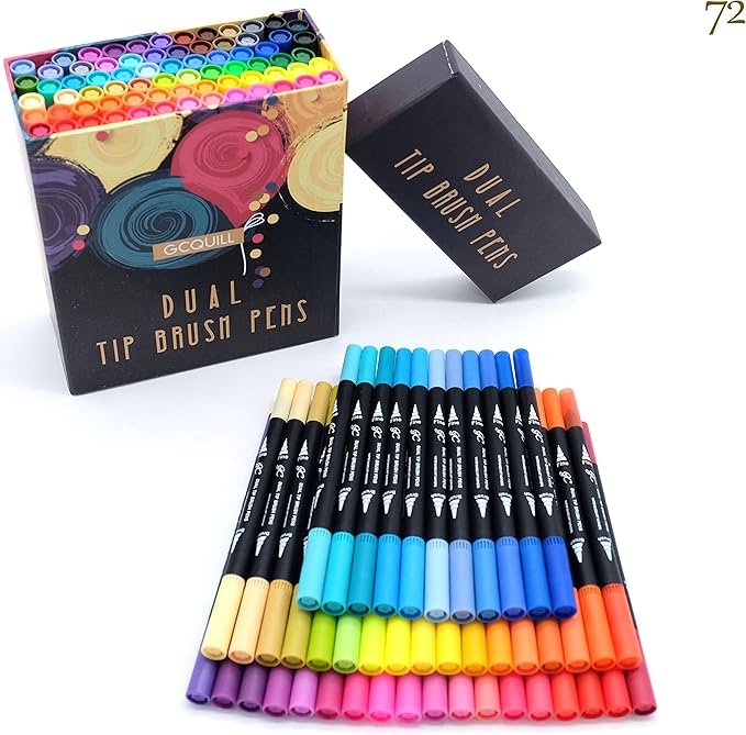 GC 72 Colors Dual Tip Brush Pens Highlighter 72 Art Markers 0.4mm Fine liners & Brush Tip Watercolor Pen Set for Adult and kids Coloring Books, Calligraphy, Hand Lettering, Note Taking