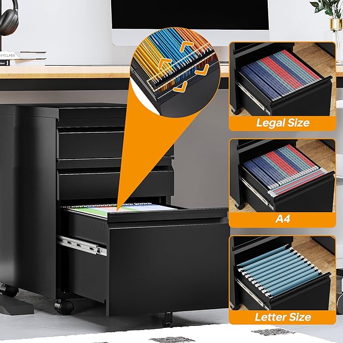 STANI 3 Drawer Mobile File Cabinet with Lock Under Desk Metal Filing Cabinet Locking Office Mobile Cabinet with Wheels Under Desk Office Drawers Rolling Mobile File Cabinet Assembly Required Black