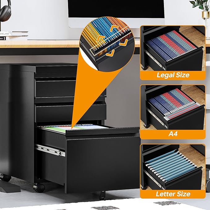 STANI 3 Drawer Mobile File Cabinet with Lock Rolling Mobile File Cabinet Locking Office Mobile Cabinet with Wheels Under Desk Office Drawers Metal Filing Cabinet Fully Assembled