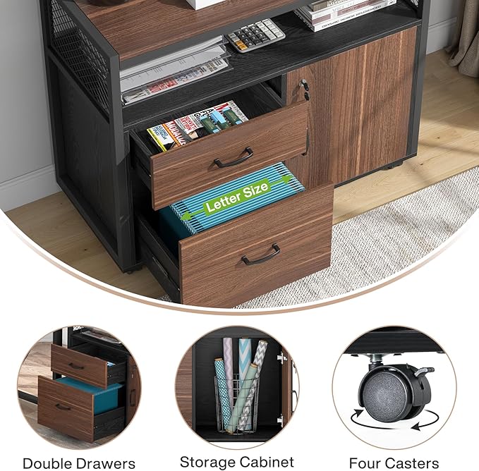Tribesigns Modern File Cabinet with Drawers for Letter-Sized File and Door, Lockable lateral Filing Cabinet Printer Stand with Storage Shelves and with Rolling Caster for Home Office (Dark Walnut)