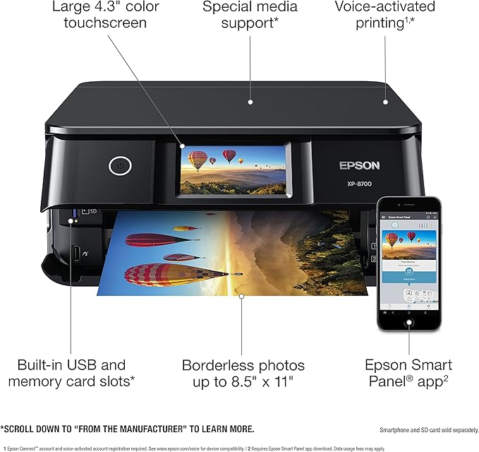 Epson Expression Photo XP-8700 Wireless All-in-One Printer with Built-in Scanner and Copier and 4.3" Color Touchscreen, Black