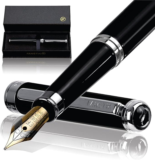 Customized Black & Silver Luxury fountain pen (Made In USA) fancy gift set for women, Chrome Finish, Professional executive pen gift set for men (Lux Custom-fountain Black-Silver)