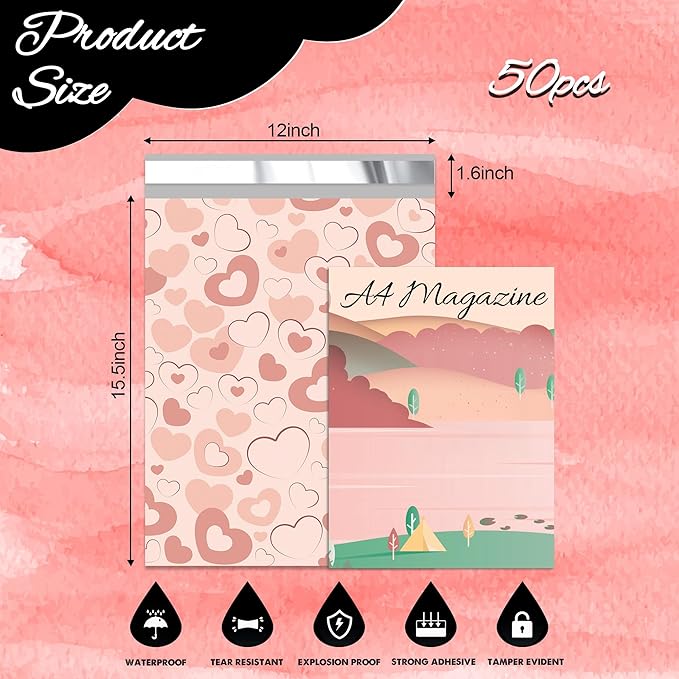 Pink Heart Poly Mailer 12x15.5 Inch 50 Pcs, Waterproof Shipping Bags for Clothing, Tear-Resistant Mailier Bags, Strong Mailing Bags with Self-Seal