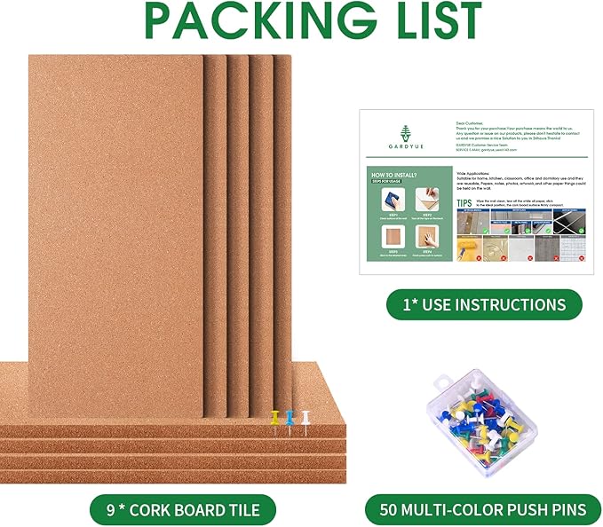 9 Pack Cork Bulletin Board 17"x8" - 1/2" Thick Cork Board Tiles,Self-Adhesive Frameless Cork Tiles Wall Decor with 50 PCS Pushpins for DIY, Office, School and Home Decor
