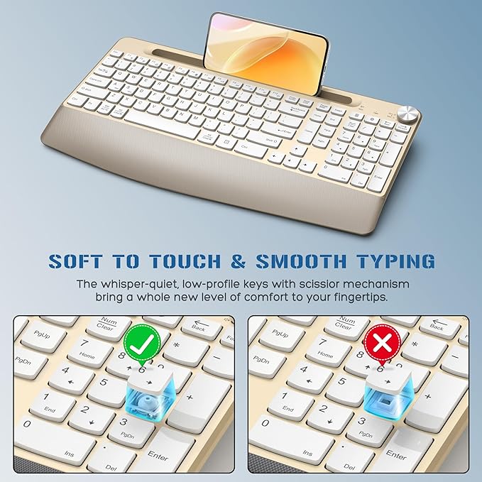 Ergonomic Wireless Keyboard with Wrist Rest-Low-Profile,Phone/Tablet Holder,Quiet Design，Windows & Mac OS，Full Size Cordless USB Computer Keyboard for Desktop,Laptop, PC, Mac, Windows-Gold