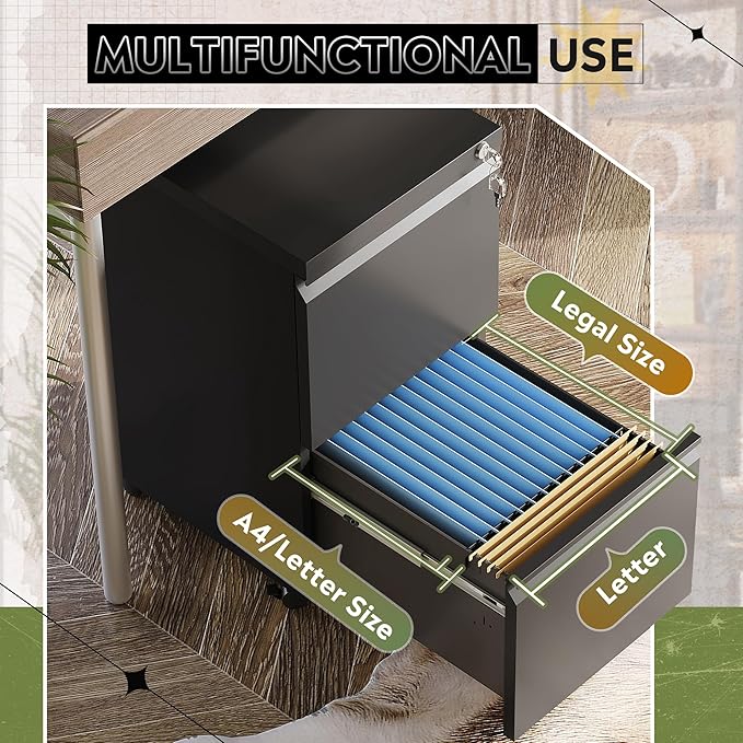 DEVAISE 2 Drawer Metal File Cabinet, Fully Assembled, Under Desk, Black, Lock, Fits Letter/Legal/A4 Size Files