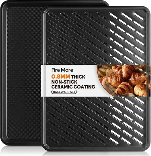 Cookie Sheet for Baking with Wire Rack, Thicker Carbon Steel Half Baking Sheet Pan Set Non Stick, Cooling Rack for Cooking and Baking, 17.5 x 13 Inch Ceramic Cookie Tray
