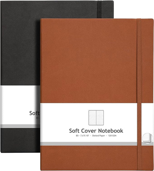 AHGXG Bullet Dotted Journal 2 Pack - B5 Large Journal Dot Grid Notebook (7.6'' X 10'') with Thick 120gsm Dot Paper, Soft Leather Cover, Total 384 Pages, Inner Pocket - BlackBrown