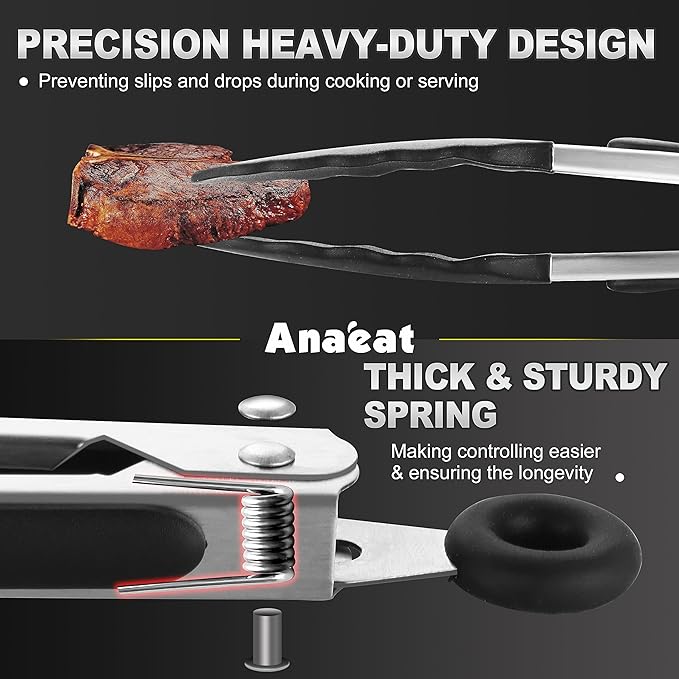 Anaeat Non-Stick Silicone Locking Tong Set of 3 - Stainless Steel 7", 9", 12" Kitchen Food Tongs with Non-Slip Silicone Tips and Grip for Cooking, Baking and BBQ - Heat Resistant up to 480°F (Black)