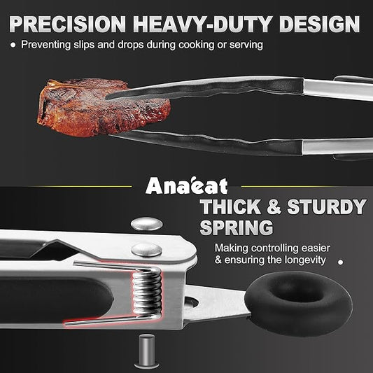 Anaeat Non-Stick Silicone Locking Tong Set of 3 - Stainless Steel 7", 9", 12" Kitchen Food Tongs with Non-Slip Silicone Tips and Grip for Cooking, Baking and BBQ - Heat Resistant up to 480°F (Black)