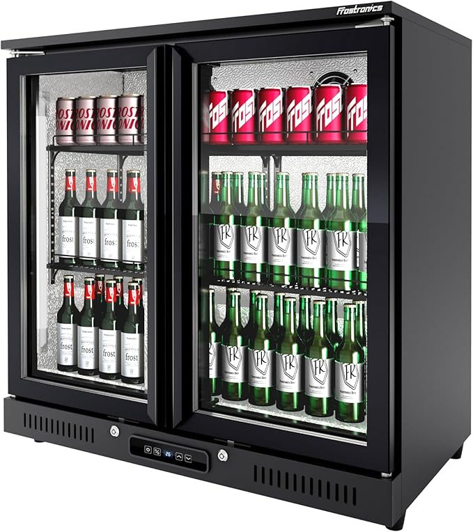 36 inch 206 cans Duo Hinged Door Back Bar Beverage Cooler, 6.75 cu. ft. Under Counter Glass Door Bar Fridge with hinged doors, lockable, 32-50°F Display Refrigerator, ETL Certified, Black