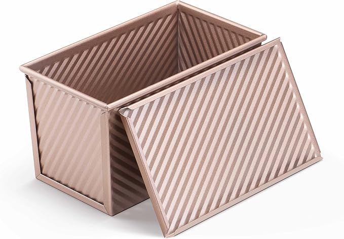 LIANYU Pullman Loaf Pan with Lid, 1 LB Dough Capacity Nonstick Bread Baking Loaf Pan, Carbon Steel Corrugated Bread Toast Box Tin for Homemade Sandwich, Rose Gold
