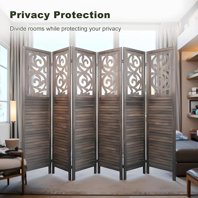 NicBex 6 Panel Room Divider 5.6FT Wood Carved Room Dividers, Folding Privacy Screens Portable Freestanding Partition Wall Dividers for Home Bedroom Office, Rustic Brown