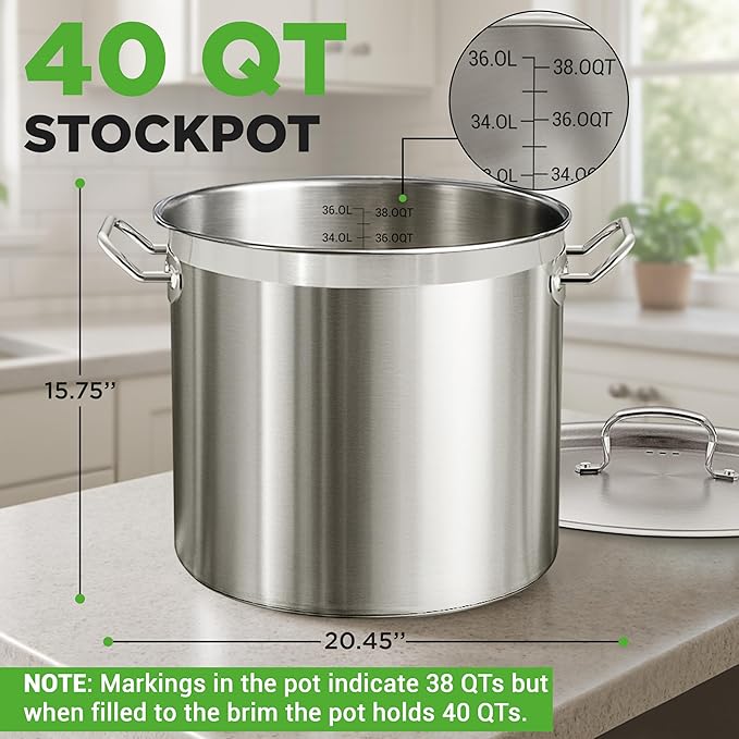 Nutrichef Stainless Steel Cookware Stockpot, 40 Quart Heavy Duty Induction Soup Pot With Stainless Steel Lid And Strong Riveted Handles, Even Heat Distribution, Compatible With Most Cooktops