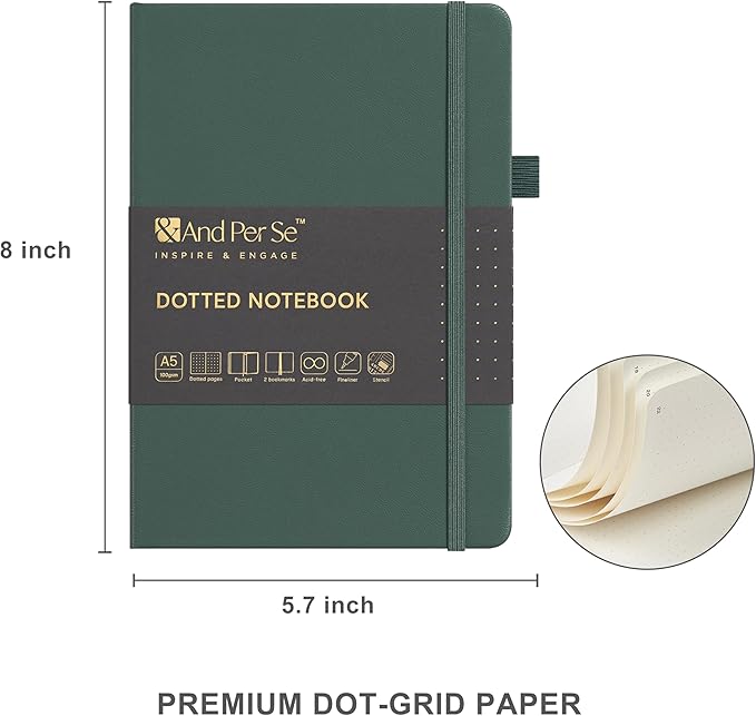 &And Per Se Dotted Journal Notebook Set, A5 Hardcover Dotted Journal (Green), 6 Fineliner Pens, 8 Sticker, 5 Stencil Sheets & 6 Washi Tapes, Journaling Supplies for Planner Schedule