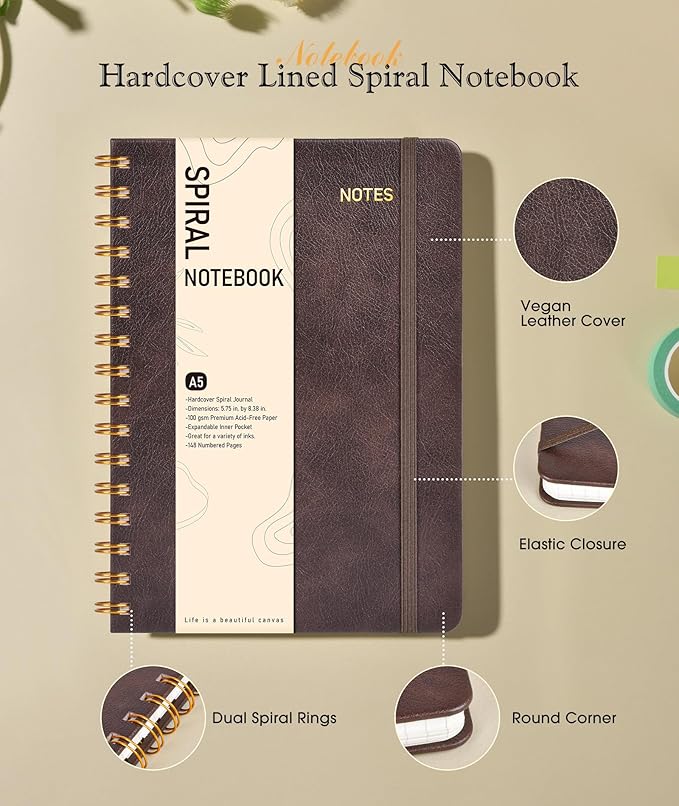 Dotted Spiral Journal Notebook, A5 Hardcover Spiral Journals for Women Men, 100 GSM Dot Grid Paper Notebooks, 150 Pages Spiral Bullet Dotted Notebook for Writing Note Taking 5.75" x 8.38", Dark Brown