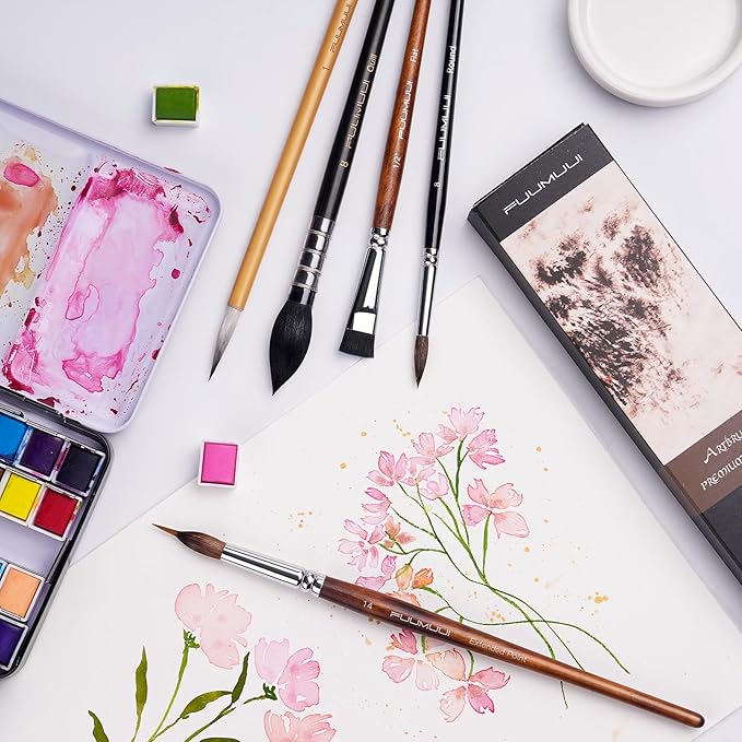 Watercolor Paint Brushes, 5pcs Fuumuui Professional Sable Brush, Wool & Synthetic Squirrel Brushes Set with Extended Needle, Round Point, Flat, Quill Wash Perfect for Watercolor Acrylic Gouache Inks