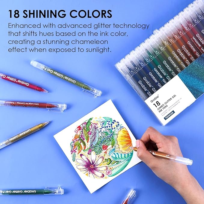 Grabie Jumbo Glitter Gel Ink Pen Set Of 18, Metallic Vibrant Sparkle Gel Pens for Coloring, Sparkle Markers, Glitter Pens for Adults (18 Colors Jumbo Gel Pens)