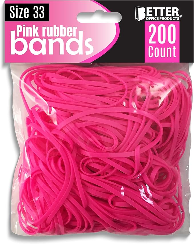 Better Office Products 200 Pink Rubber Bands, Size 33, 200/Bag, Hot Pink Rubber Bands