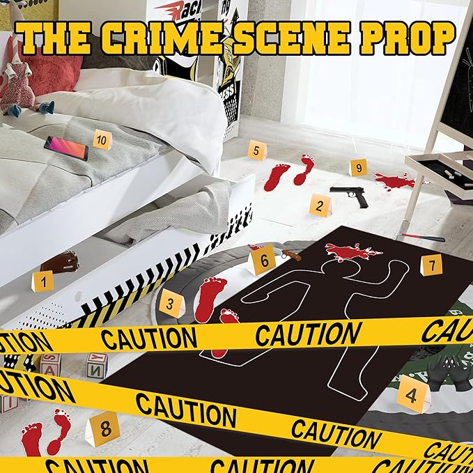 Ticiaga 50pcs Crime Scene Decors Kits, Body Silhouette Crime Scene Tape Evidence Markers and Bloody Sticker and Photo-Booth Props with Height Chart Backdrop Poster, Home for Crime Scene Party Decors