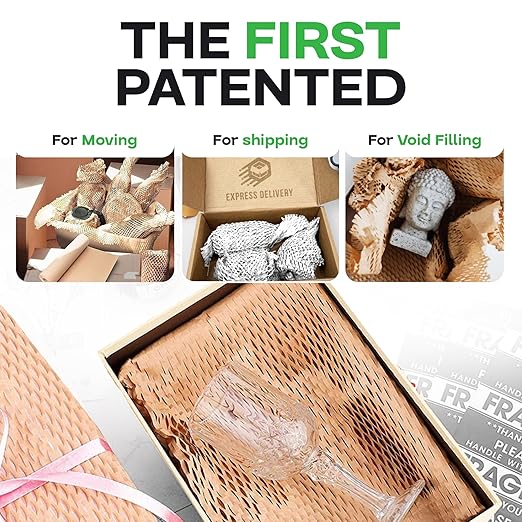 IDL Packaging Original HexcelWrap Honeycomb Packing Kraft Paper 15.25" x 1400' Roll in Self-Dispensed Box, White - The First Patented Interlocking Slit Paper Design for Shipping