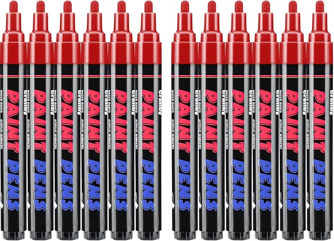 Red Paint Pens Paint Markers - 12 Pack Permanent Quick Dry Waterproof Marker Pens for Rocks Wood Fabric Plastic Canvas Glass Mugs Metal Tire Stone