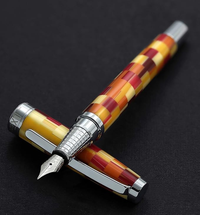 Xezo Urbanite Fine Point Fountain Pen. Retro Red, Yellow, Orange, and Cream Colors with Chrome Plating. Limited Edition and Serialized. No Two Alike