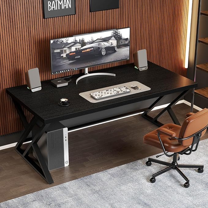 LVB Modern Black Computer Desk, Long Industrial Home Office Desk for Student, Large Metal Wood Writing Study Computer Table, Farmhouse Executive Simple Gaming PC Work Desk for Bedroom, Black, 60 Inch