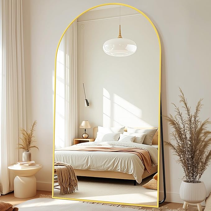 Full-Length Floor Mirror with Stand, 81"x41" Arched Style Full Body Standing Mirror for Bedroom, Living Room, Gym, Dorm - Shatter-Resistant & Easy Assembly, Gold