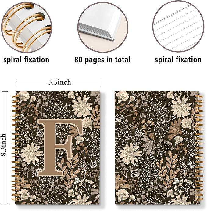 Initial F Personalized Journal Notebook, Boho Floral Journaling Notebooks for Women Girls, Costom Monogrammed Gifts for Women Mom Girls Friends, Letter Spiral Notebook, 5.5x8.3
